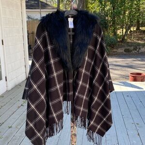 J. Crew Black and White Plaid Cape with Faux Fur Trim